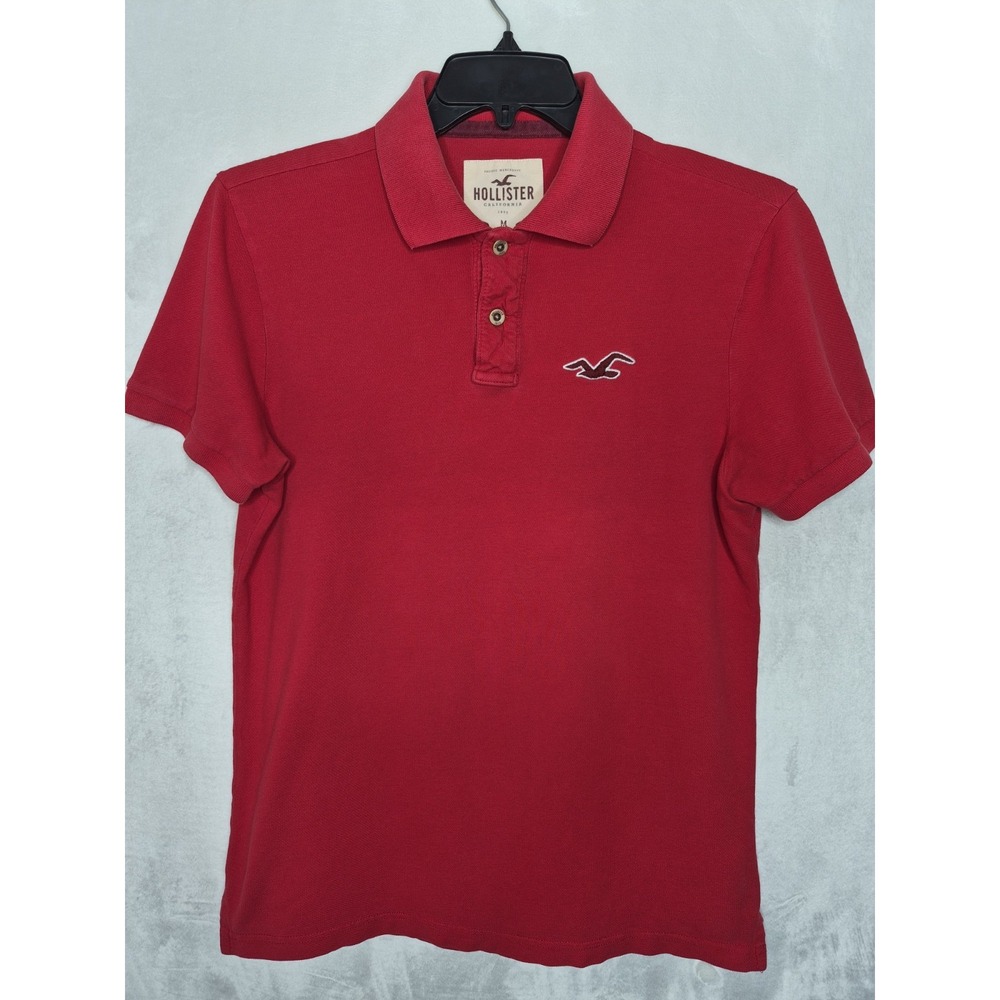 Hollister Mens Polo Shirt Size Medium Red Short Sleeve Seagull Logo Pique 21x28